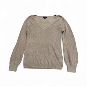 Express V-Neck Ribbed Long Puff Sleeve Knit Sweater‎ Pink Beige Women's Small